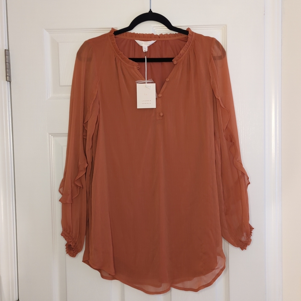 NWT Lauren Conrad OrangeLongsleeve Flowy Blouse - Women's Size Small Ruffle